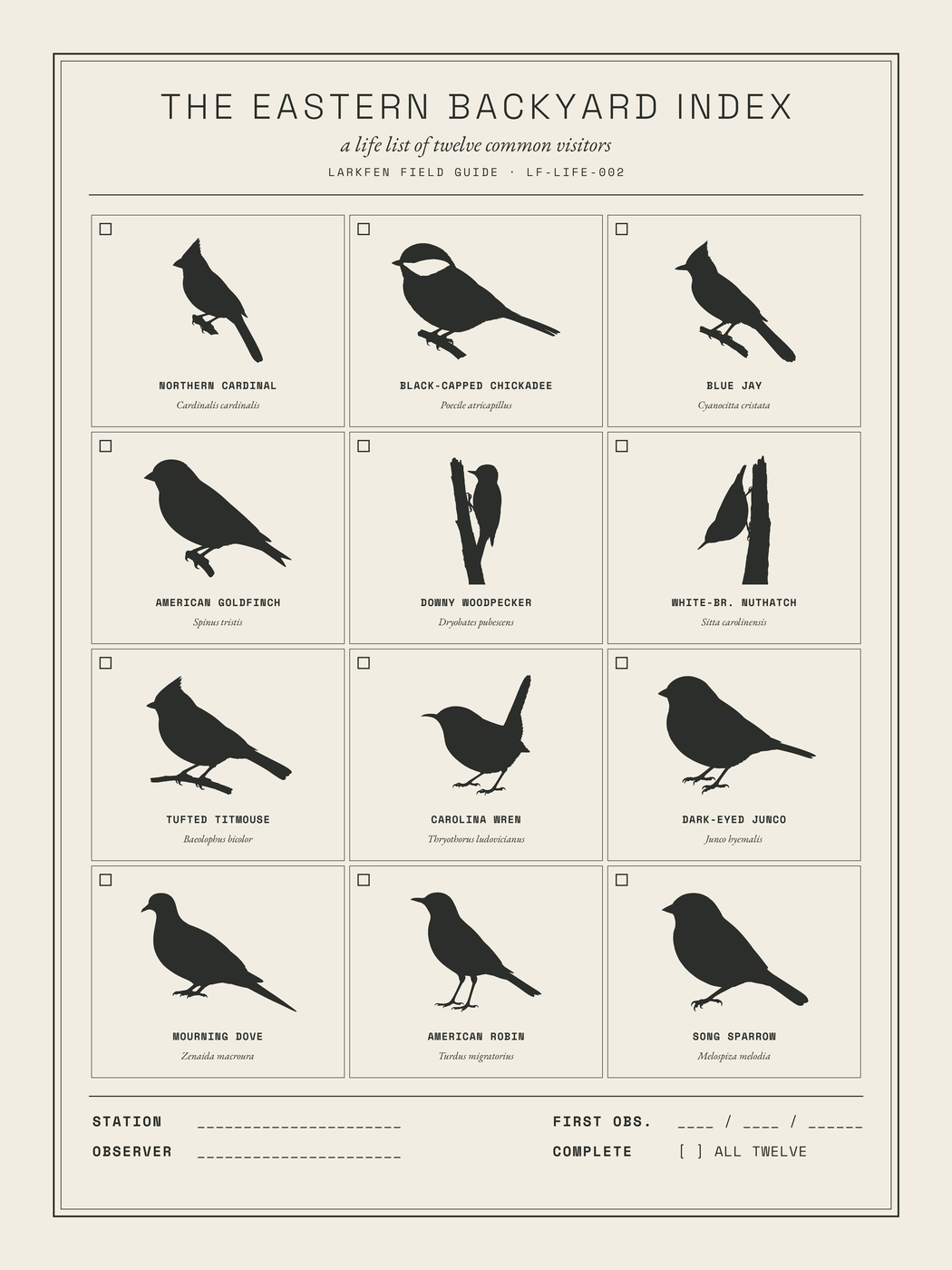 Eastern Backyard Index plate — 12-bird silhouette grid with checkboxes.