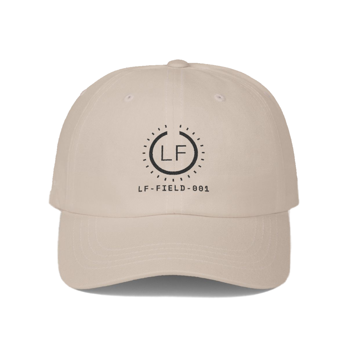 The Larkfen Bird-Band Glyph cap in Stone — an unstructured 6-panel cap embroidered with a federal-style bird-band ring and the field code LF-FIELD-001.