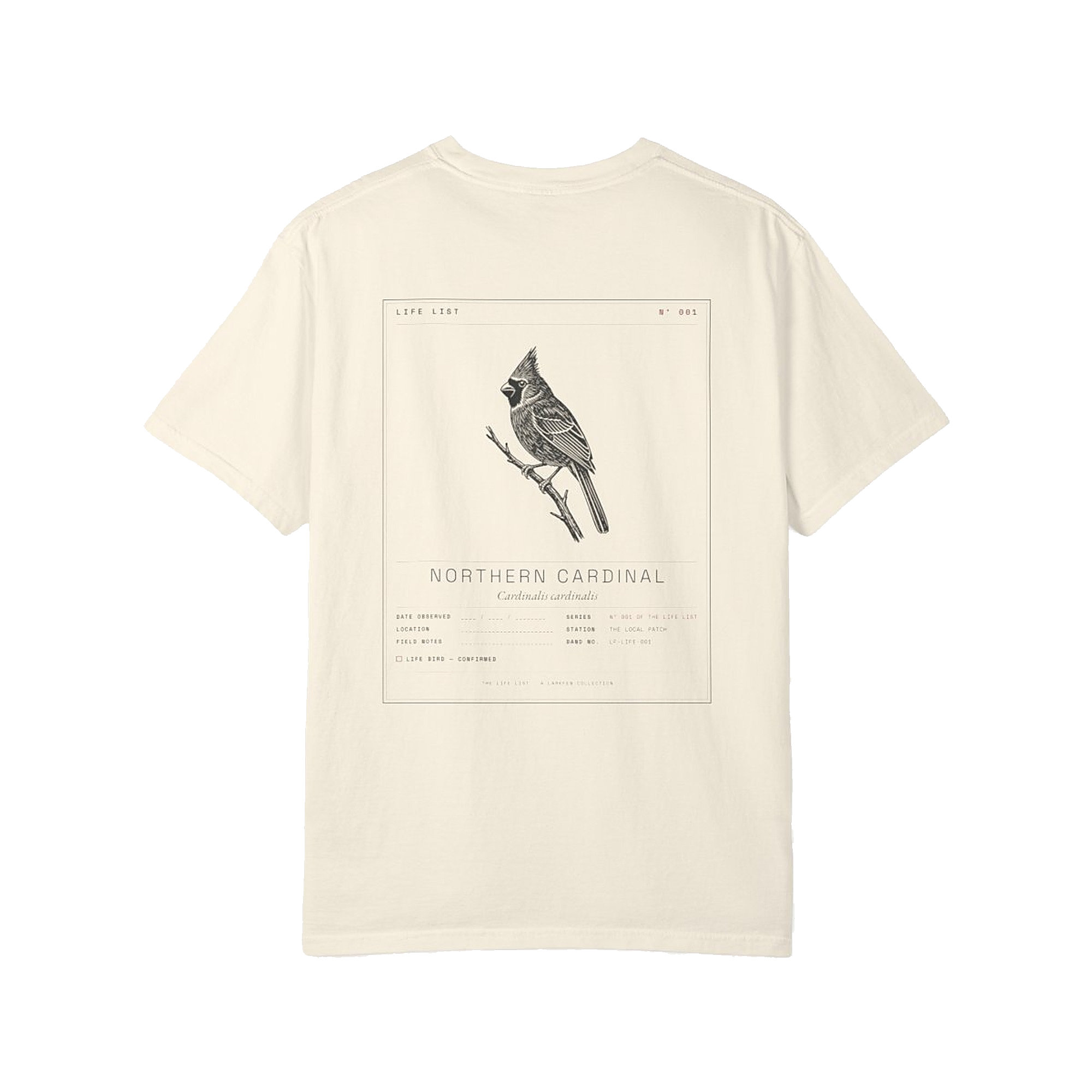 Northern Cardinal tee — full Life List plate printed large across the back, garment-dyed ivory Comfort Colors 1717.