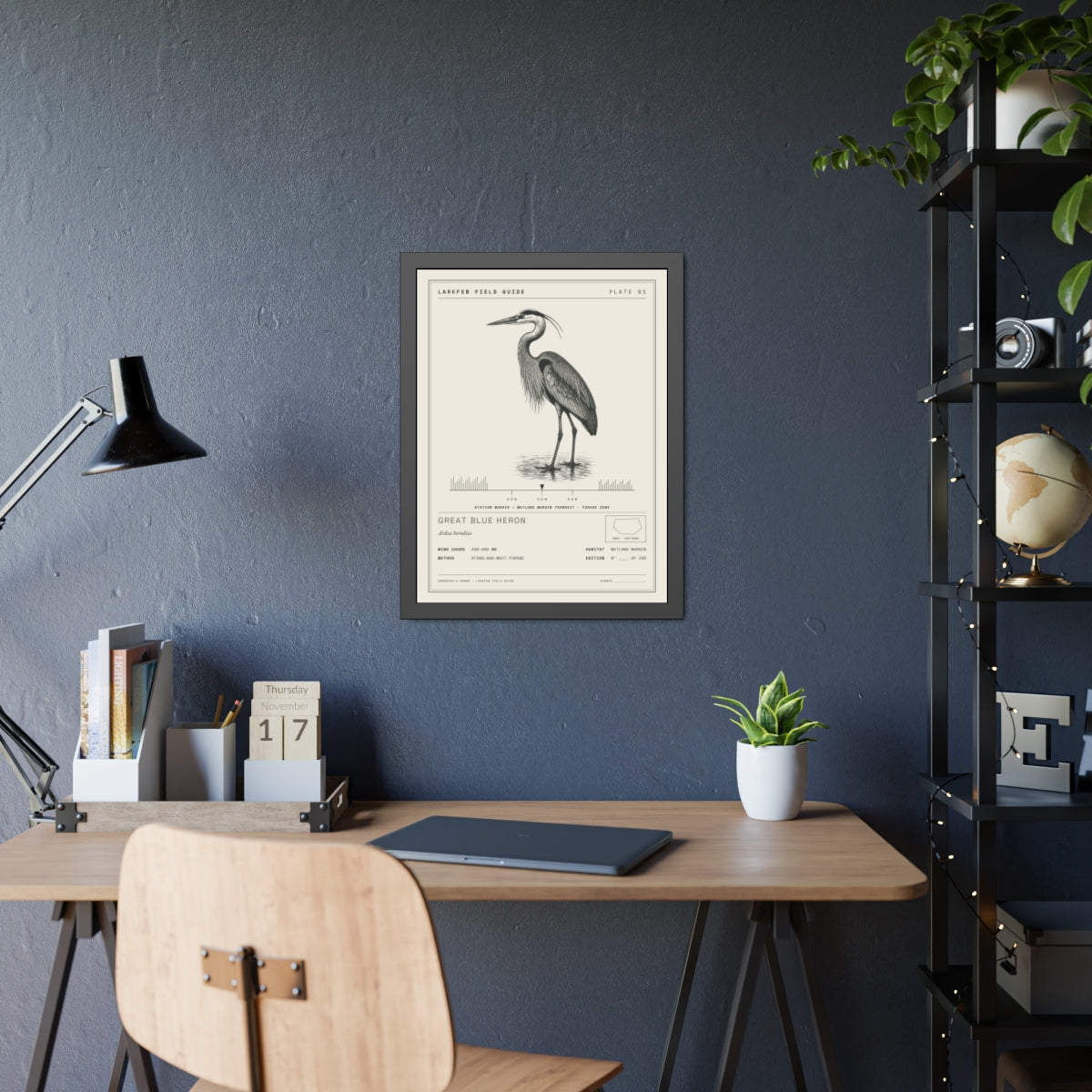 Wetland Transect framed edition on a slate-blue office wall.