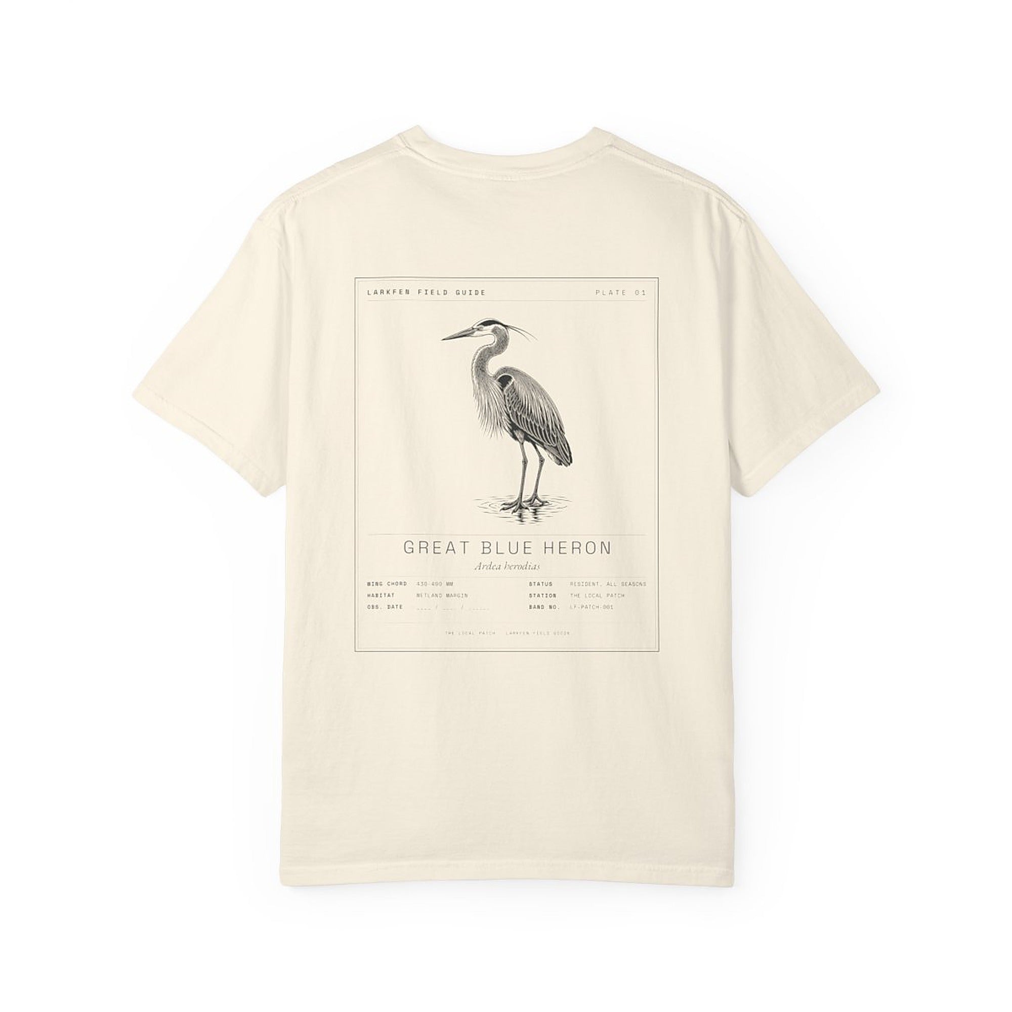 Great Blue Heron tee — full study plate printed across the back.