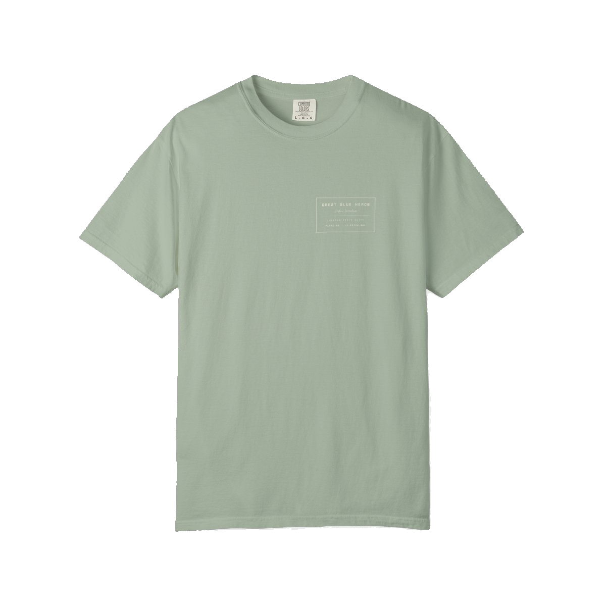 Great Blue Heron tee — pocket-scale chest spec-label, front.