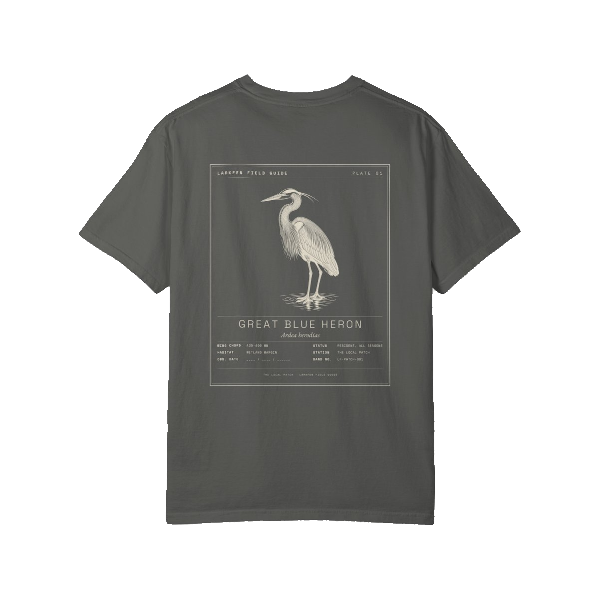 Great Blue Heron tee — full plate across the back, on washed Pepper.