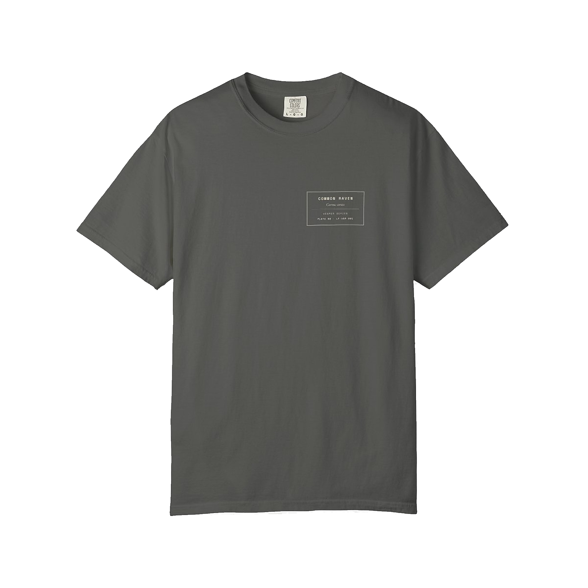 Front of the Corvus tee — pocket-sized chest spec-label.